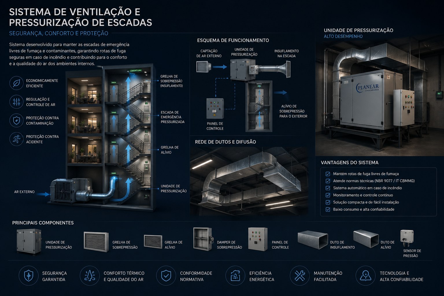 Diagrama técnico de ventilação e pressurização de escadas